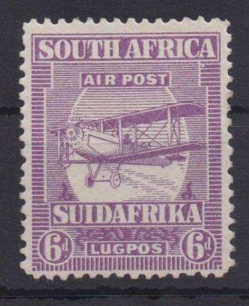 South Africa 1925 Airmail 6d V1 stop above wheel strut fine mint