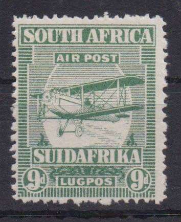South Africa 1925 Airmail 9d V2 oblique stroke thro left value circle variety fine mint
