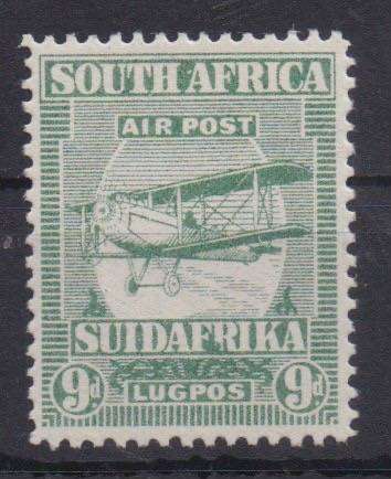 South Africa 1925 Airmail 9d V3 broken R in SUIDAFRIKA fine mint