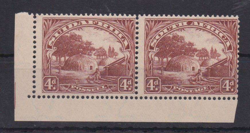 South Africa 1927 London 4d perf up bottom left corner pair very fine  mint