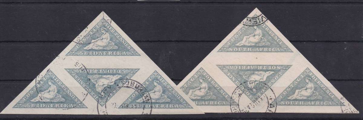 South Africa 1927 Triangular 4d large margins English & Afrikaans in triangular blocks fine used