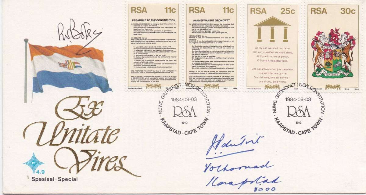 South Africa 1984 Parliament first day cover signed by PW Botha
