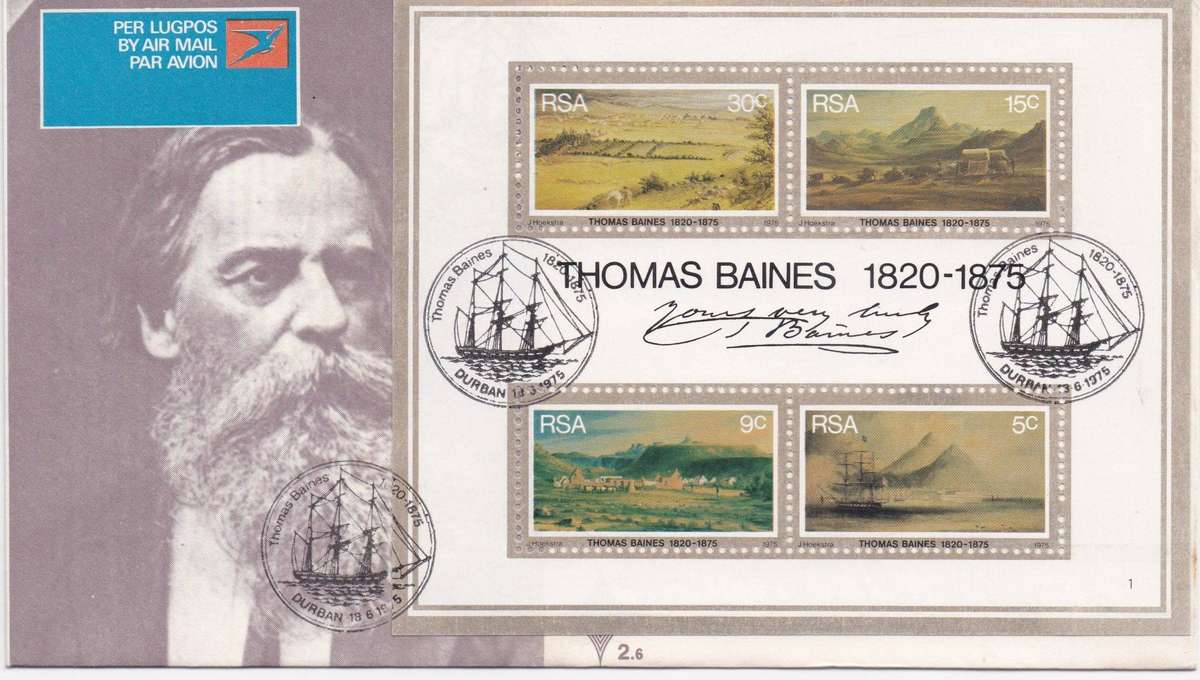 South Africa 1975 Thomas Baines miniature sheet on fdc tied with missing perf holes right vertically