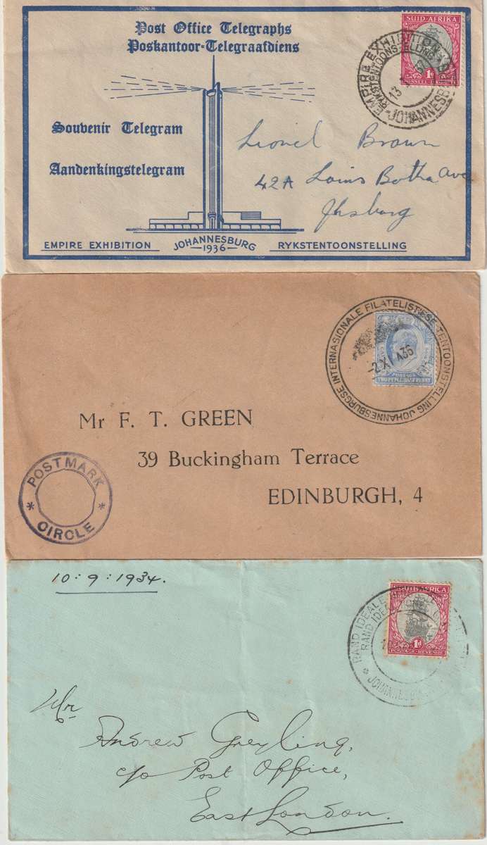 South Africa 1934/37 Exhibition & Conference special cancels on covers x6 fine