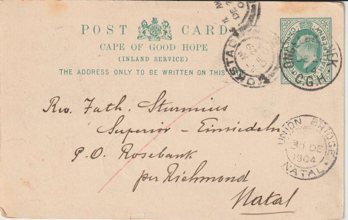 Cape of Good Hope 1904 KEVII 1/2d postcard from Ongeluksnek with Union Bridge Natal cancel