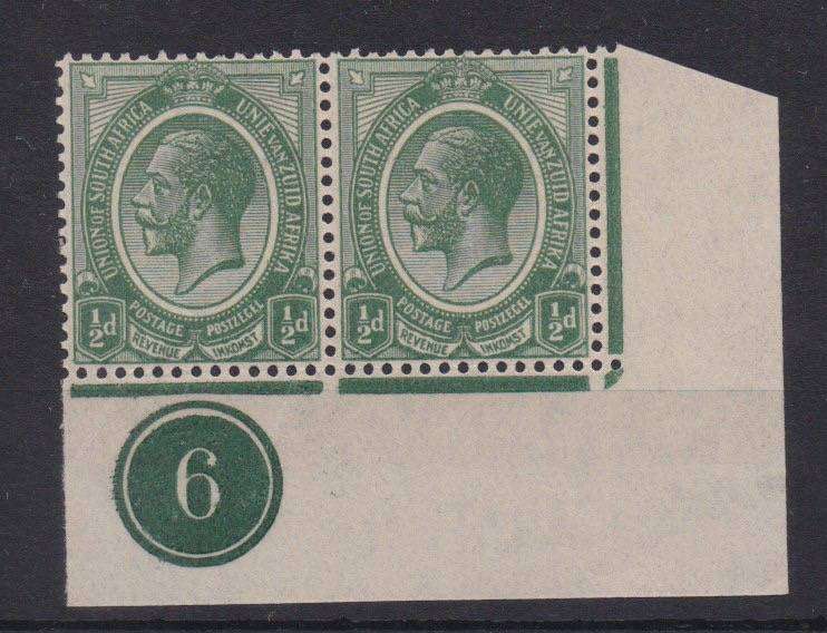 South Africa 1913 KGV 1/2d deep green shade control 6 bottom right pair very fine  unmounted mint