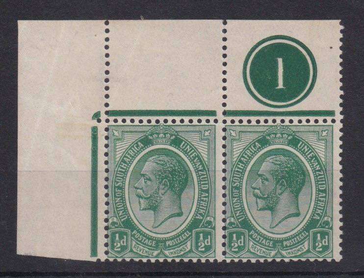 South Africa 1913 KGV 1/2d control 1 top left pair very fine unmounted mint