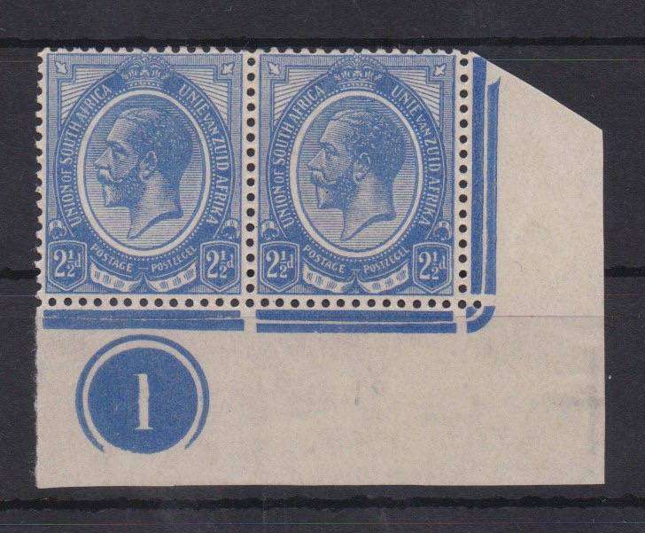 South Africa 1913 KGV 2 1/2d control 1 bottom right pair very fine mint