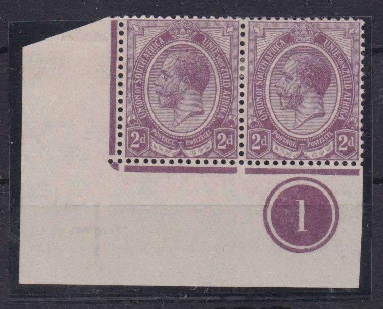 South Africa 1913 KGV 2d control 1 bottom left  pair very fine  mint