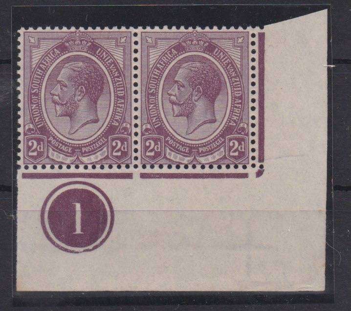 South Africa 1913 KGV 2d control 1 bottom right pair very fine unmounted mint
