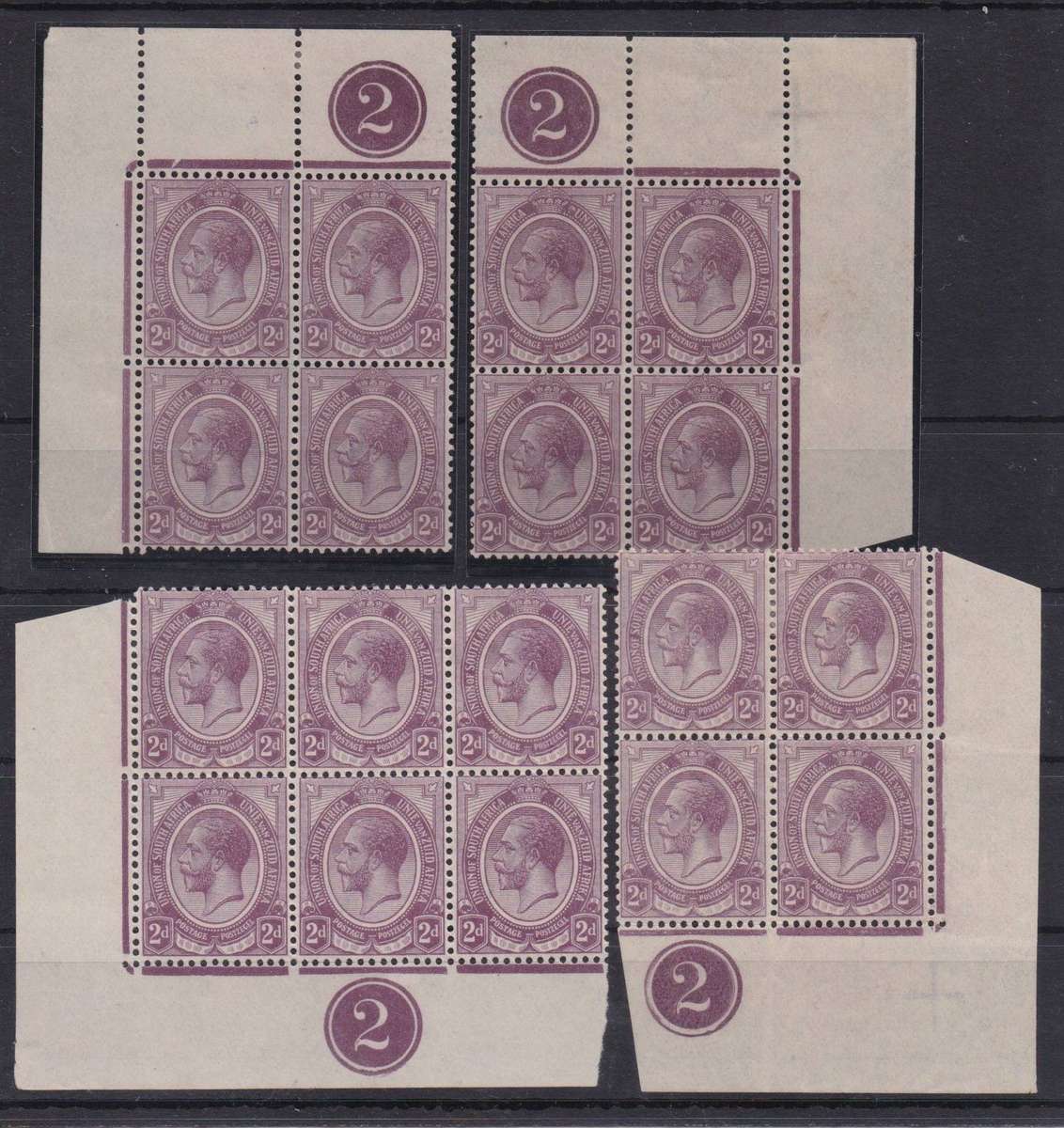 South Africa 1913 KGV 2d control 2 4x corner blocks very fine unmounted mint