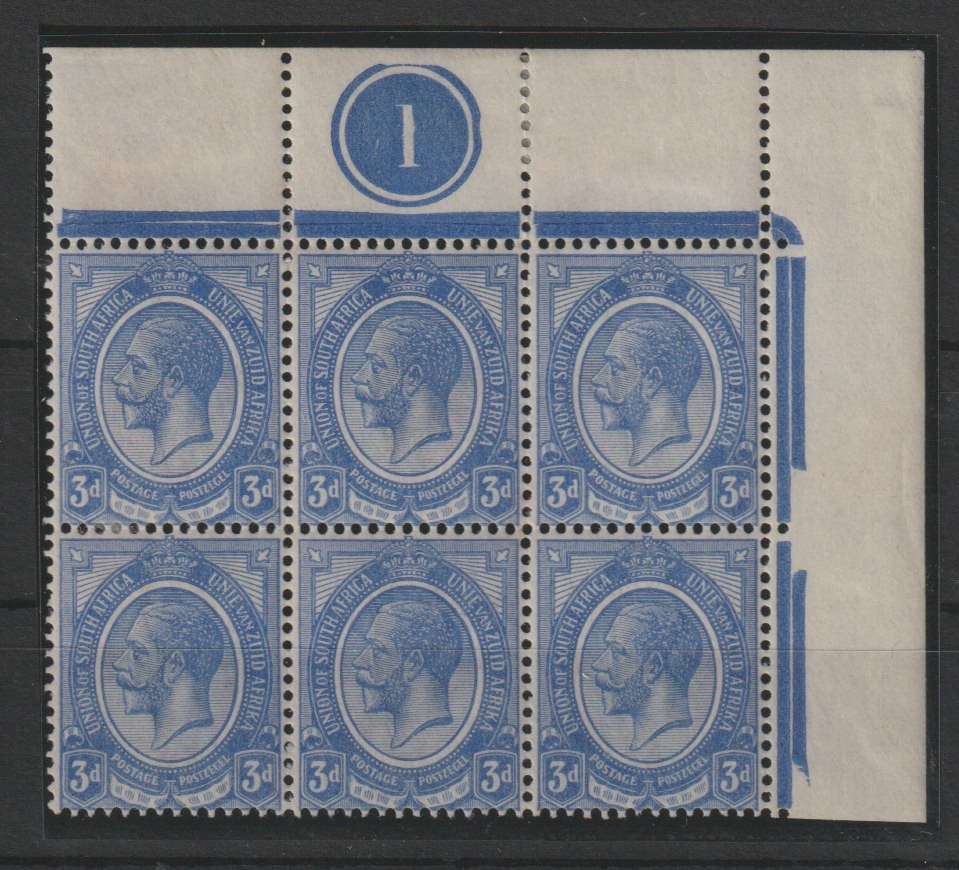 South Africa 1913 KGV 3d ultramarine plate 1 top right block of 6 very fine unmounted mint