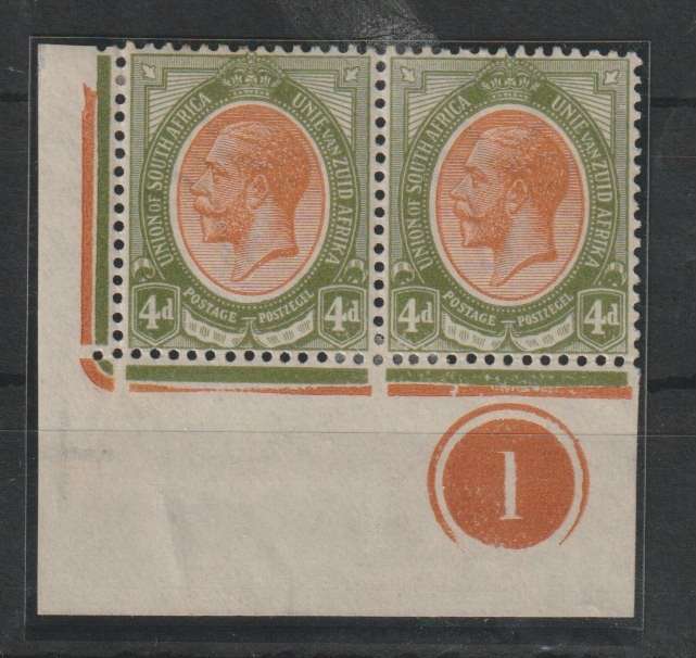 South Africa 1913 KGV 4d control 1 bottom left corner pair very fine mint