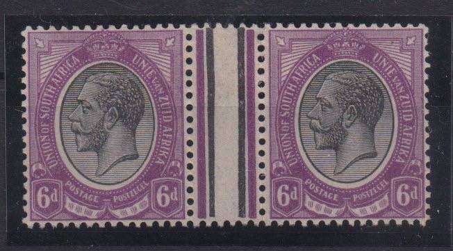 South Africa 1913 KGV 6d interpannaeu gutter pair very fine mint