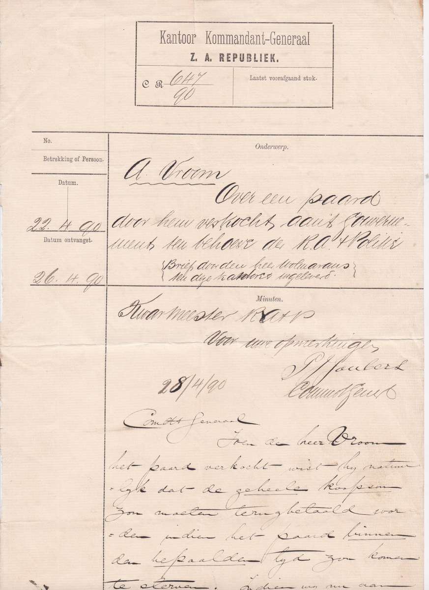 Transvaal 1890 ZAR Kantoor Kommandant-Genraal document signed Commandant PJ Joubert