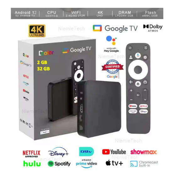 DColor GD2 Android TV Box Google 12 TVOS Google Netflix Certified 2gb RAM 32gb ROM