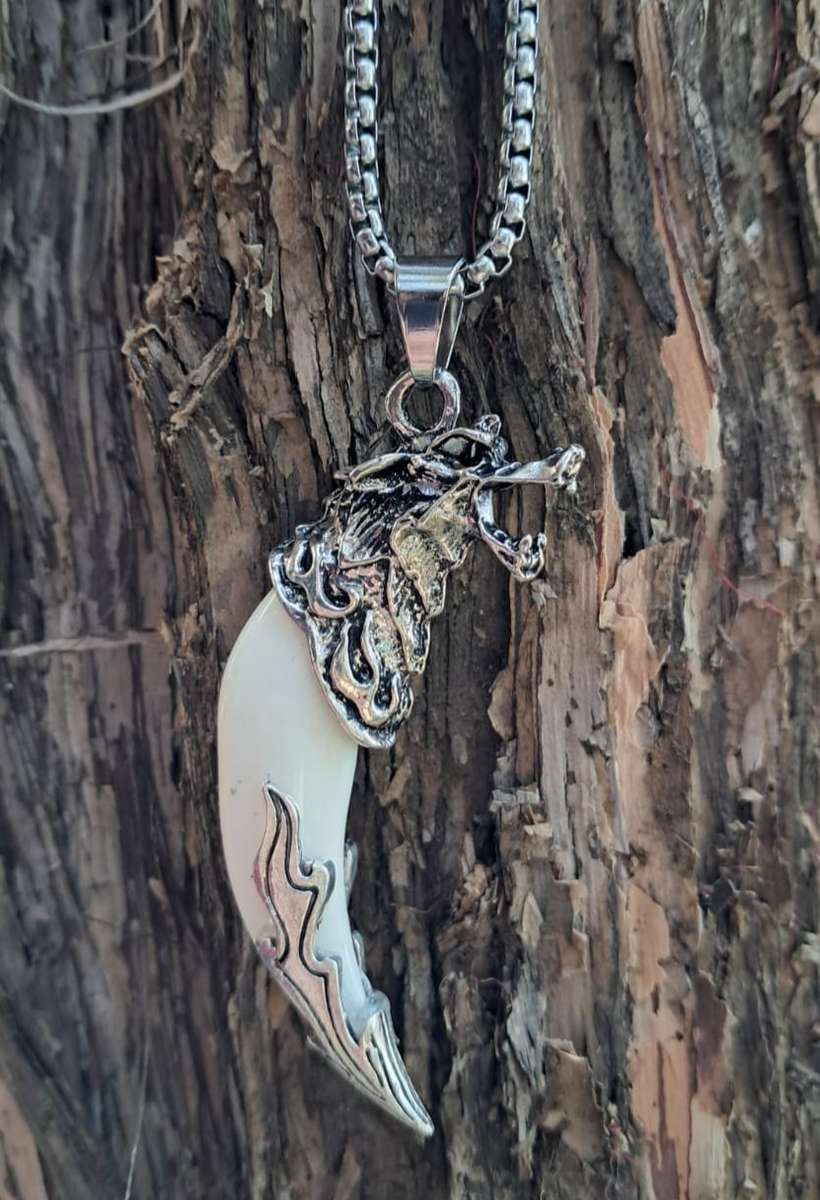 Wolfhead Tooth Pendant Necklace on Silver Chain - White