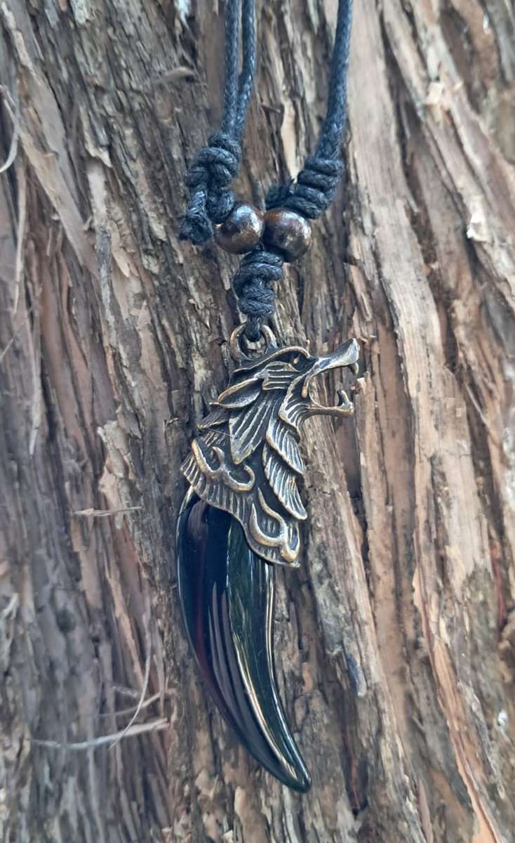 Wolfhead Tooth Pendant Necklace on Cord - Black