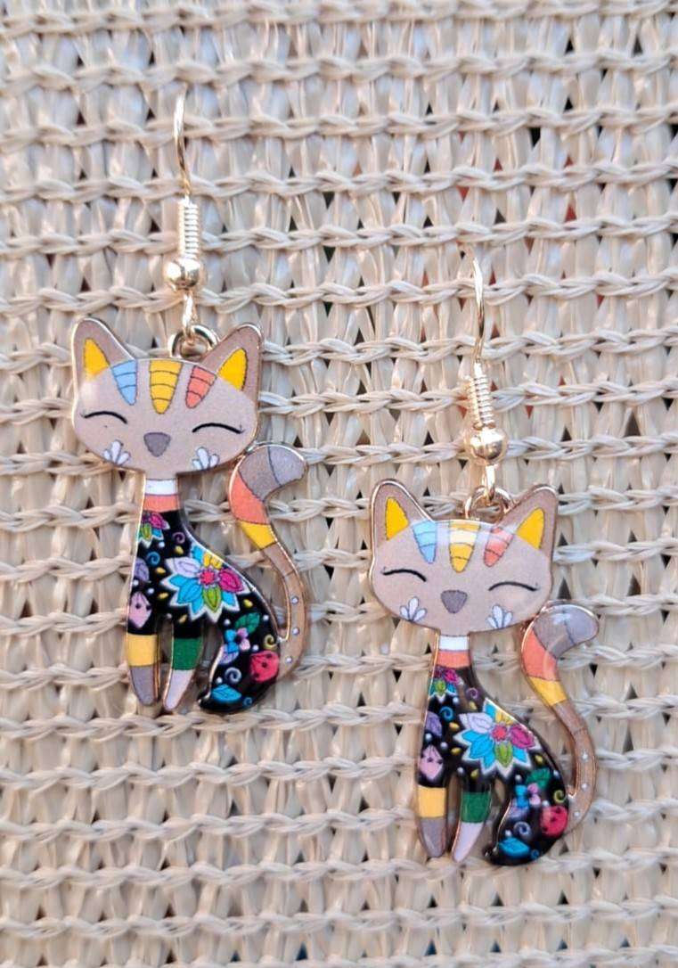 Metal Cat Earrings - Brown/Multicolour
