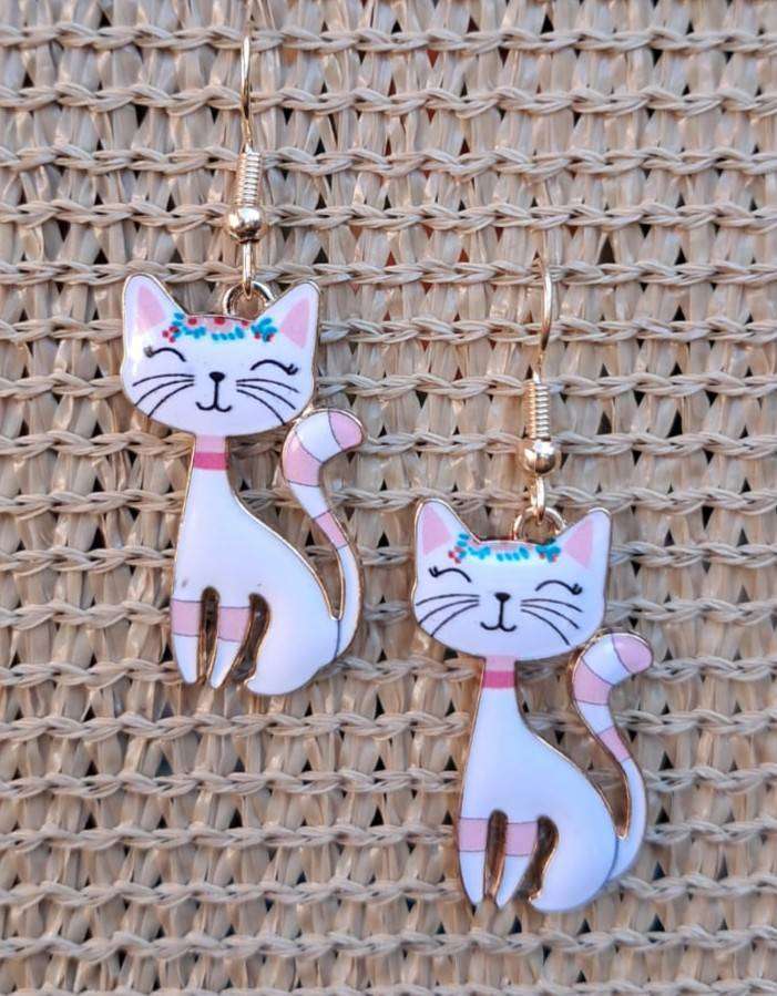 Metal Cat Earrings - White & Pink