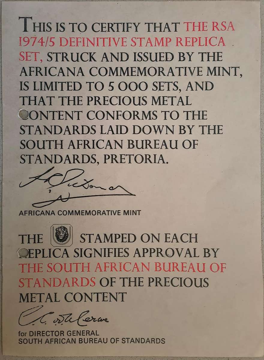 AFRICANA COMMEMORATIVE MINT RSA 1974/5 DEFINITIVE STAMP REPLICA SET