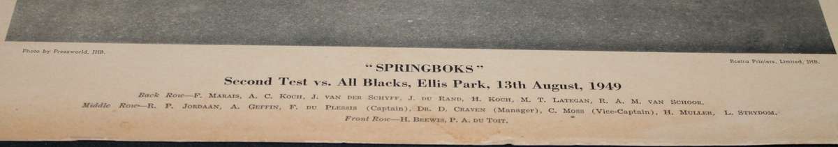 Second Test vs All Blacks, Ellis Park 12 August 1949 On Hard Cardboard