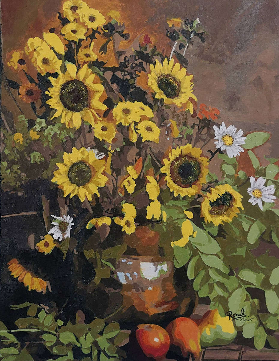 Sunflowes in Copper vase Still life Original Acrylic Painting