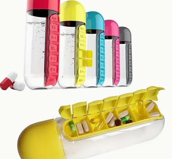 2 In 1 Sports Water Bottle With Pill Box, 600ml