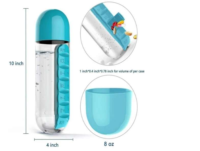 2 In 1 Sports Water Bottle With Pill Box, 600ml