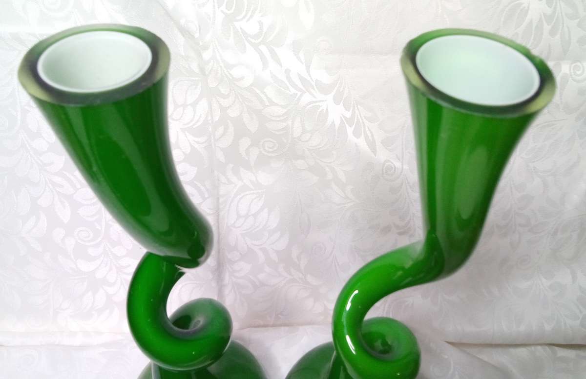 Stunning vintage pair of Green Swing Vases by Britt Bonnesen for Normann Copenhagen