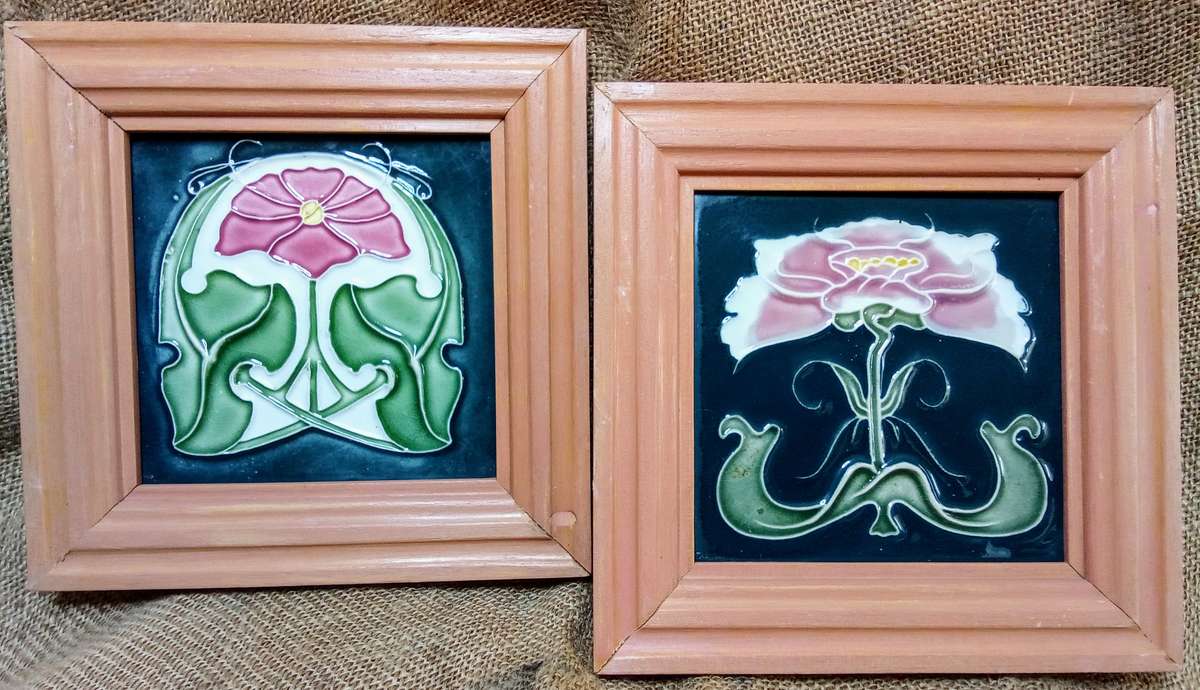 Stunning set of framed art nouveau style tiles
