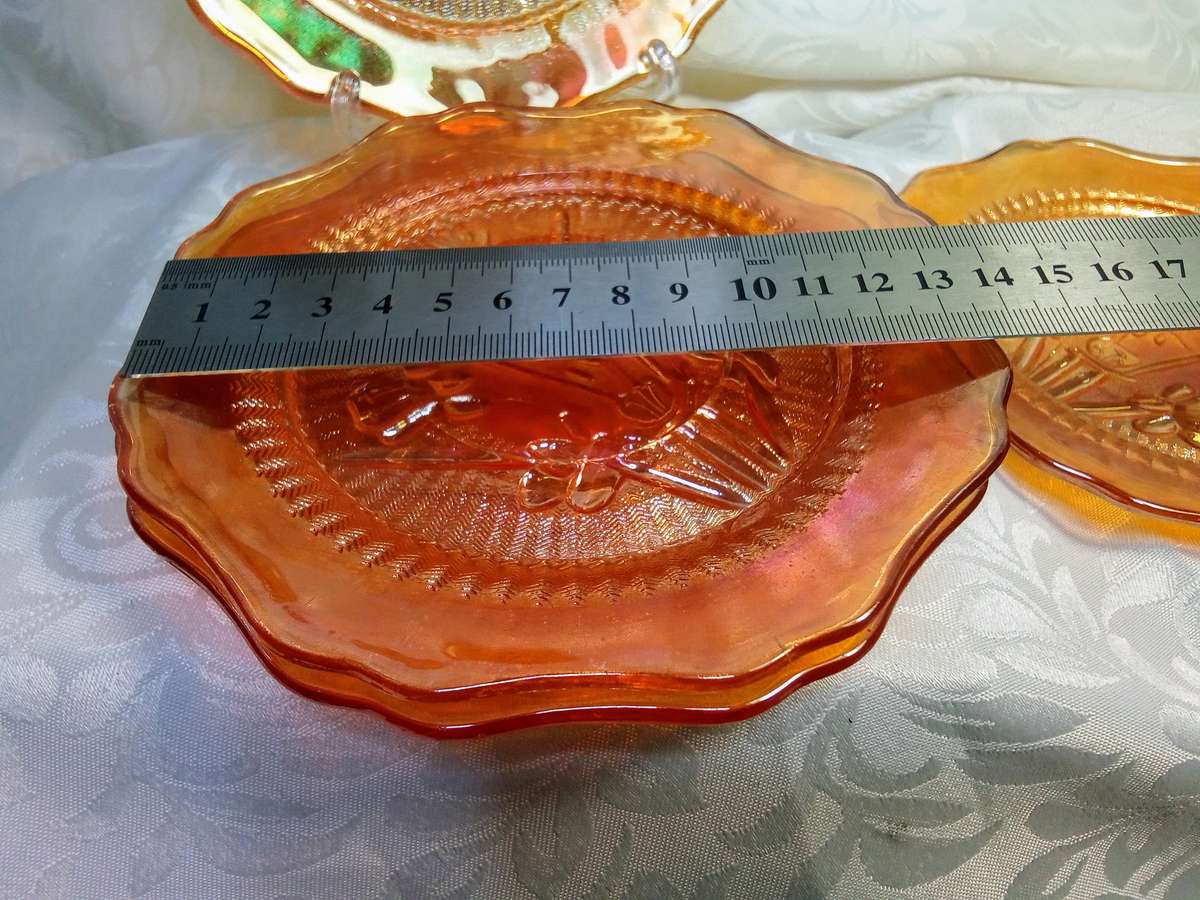 Four beautiful carnival glass "Iris & Herringbone"  marigold saucers - Jeannette Glass