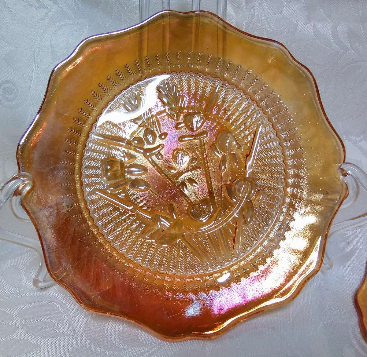 Four beautiful carnival glass "Iris & Herringbone"  marigold saucers - Jeannette Glass