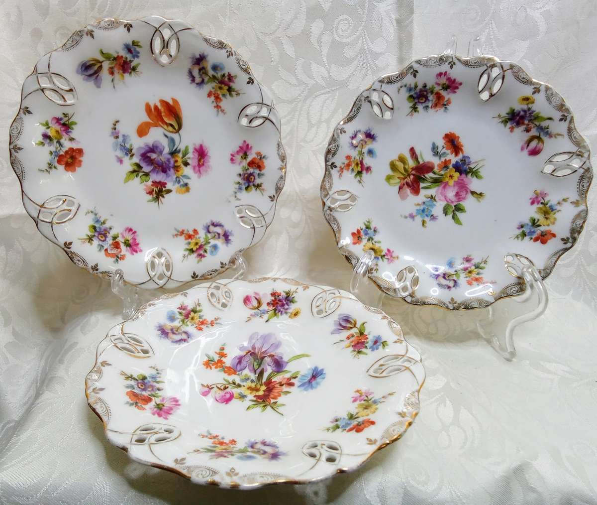 Three stunning vintage pierced porcelain plates - marked Dresden
