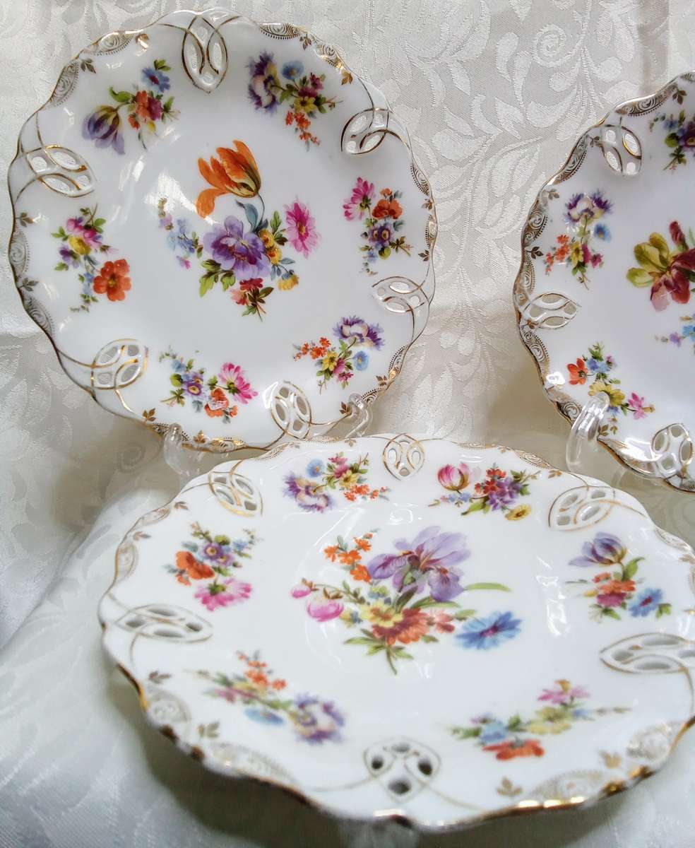 Three stunning vintage pierced porcelain plates - marked Dresden