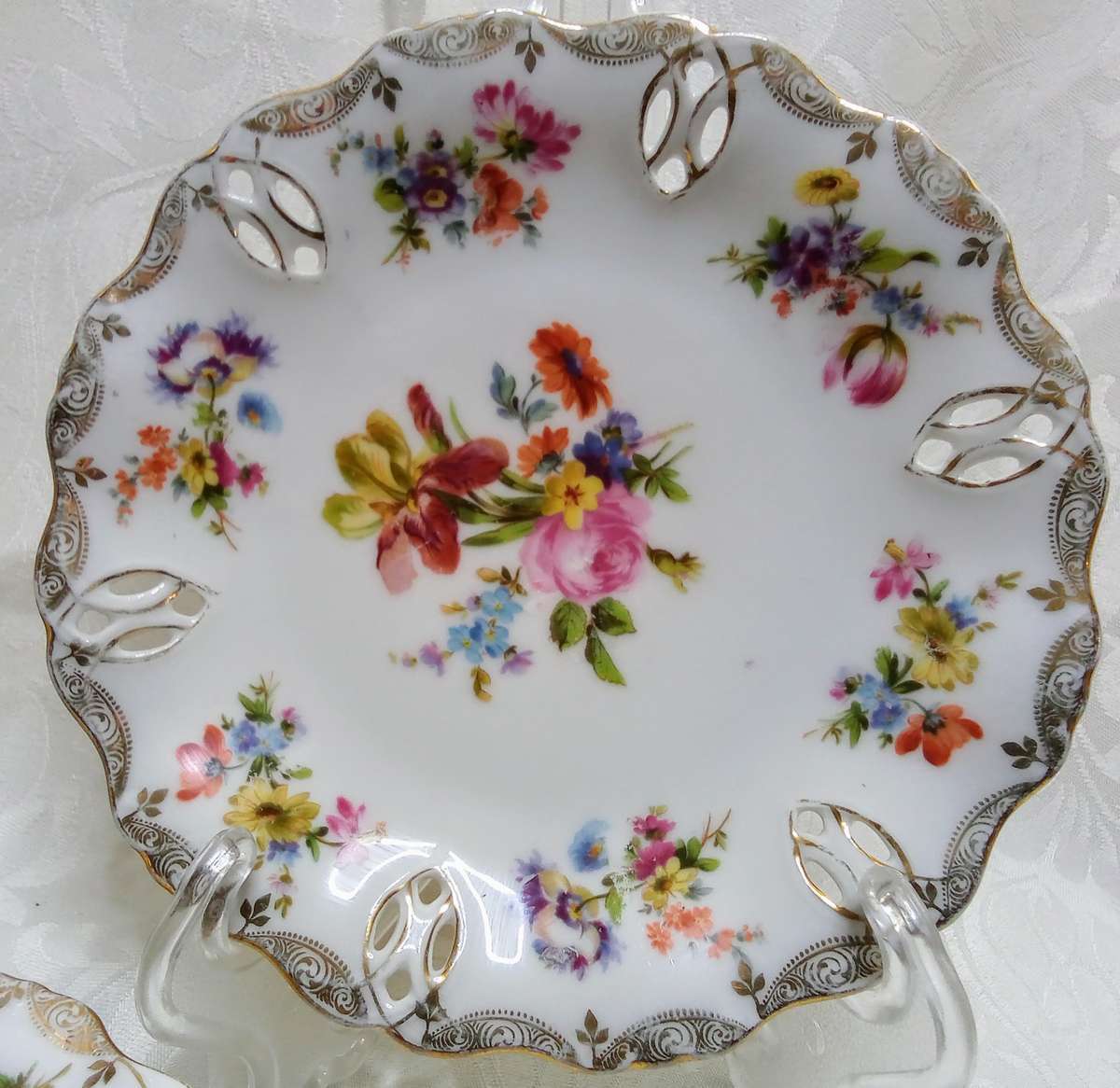 Three stunning vintage pierced porcelain plates - marked Dresden