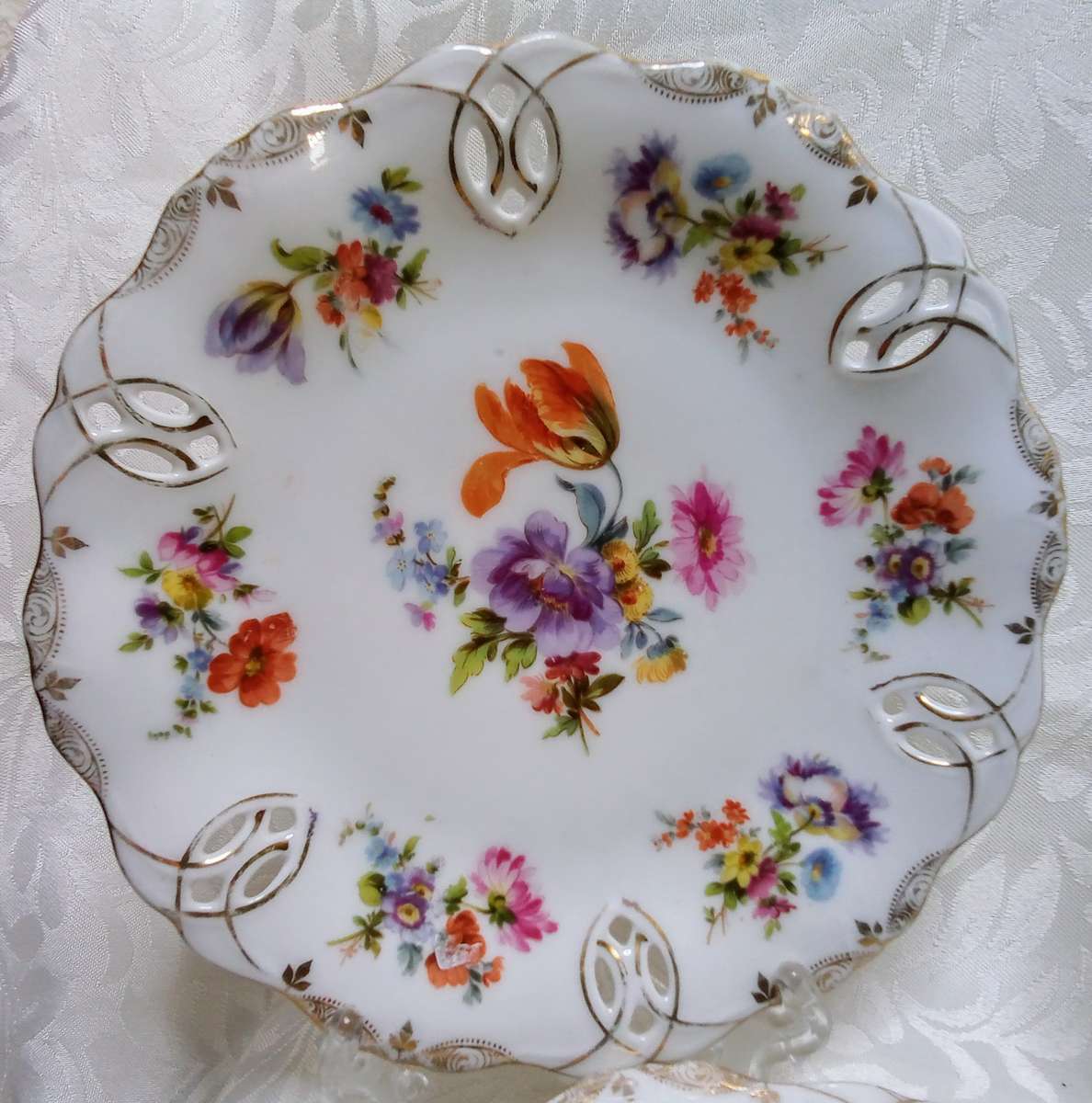Three stunning vintage pierced porcelain plates - marked Dresden