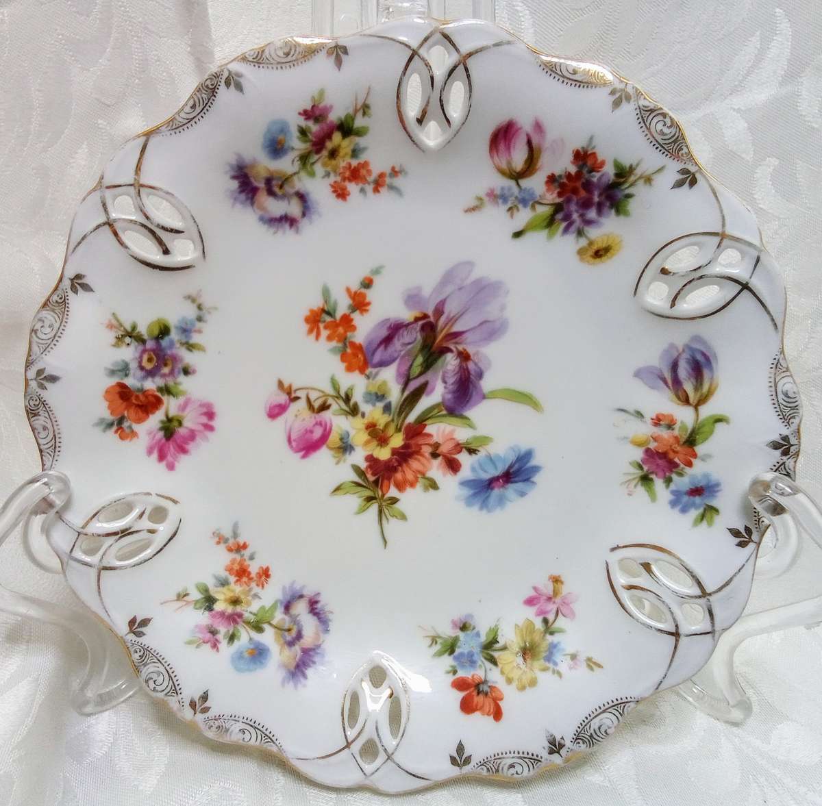 Three stunning vintage pierced porcelain plates - marked Dresden