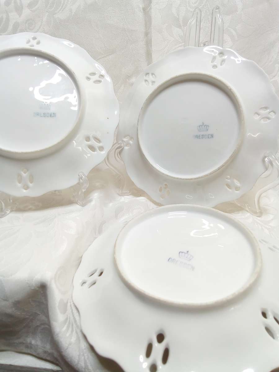 Three stunning vintage pierced porcelain plates - marked Dresden