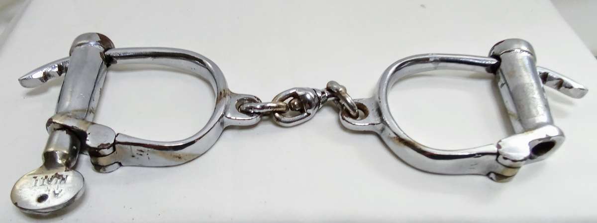 Vintage English DARBY STYLE HANDCUFFS with original key