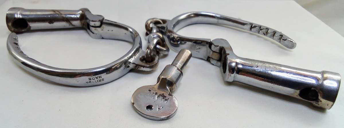 Vintage English DARBY STYLE HANDCUFFS with original key