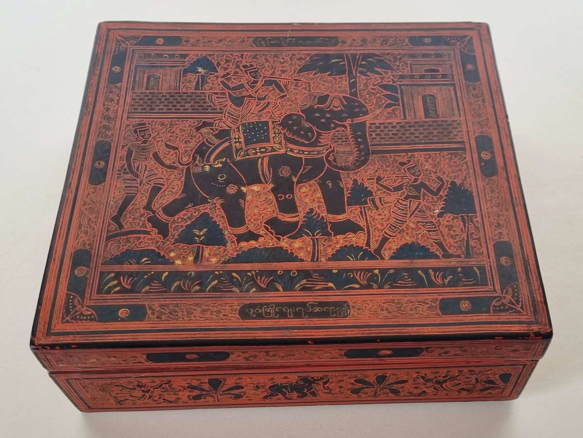 Burmese Lacquer Box with Incised Decoration of Elephants and Figures