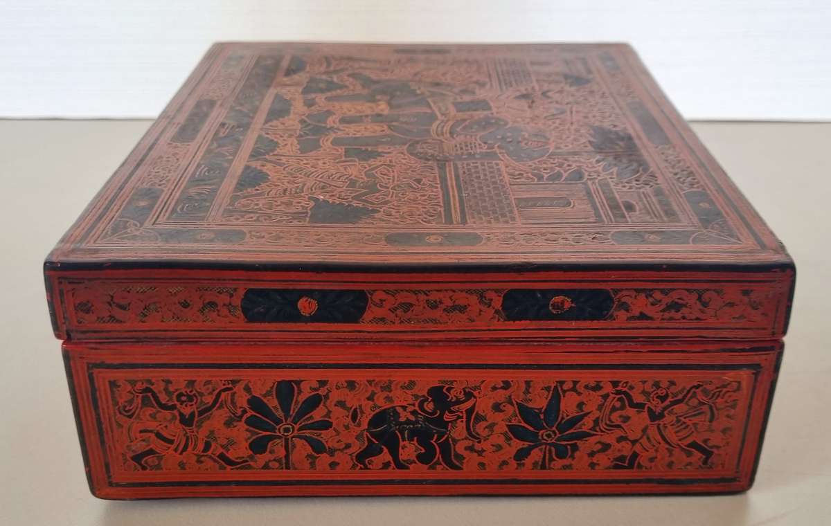 Burmese Lacquer Box with Incised Decoration of Elephants and Figures