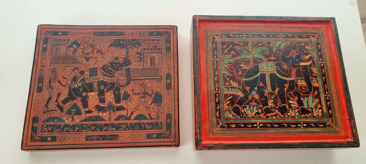 Burmese Lacquer Box with Incised Decoration of Elephants and Figures