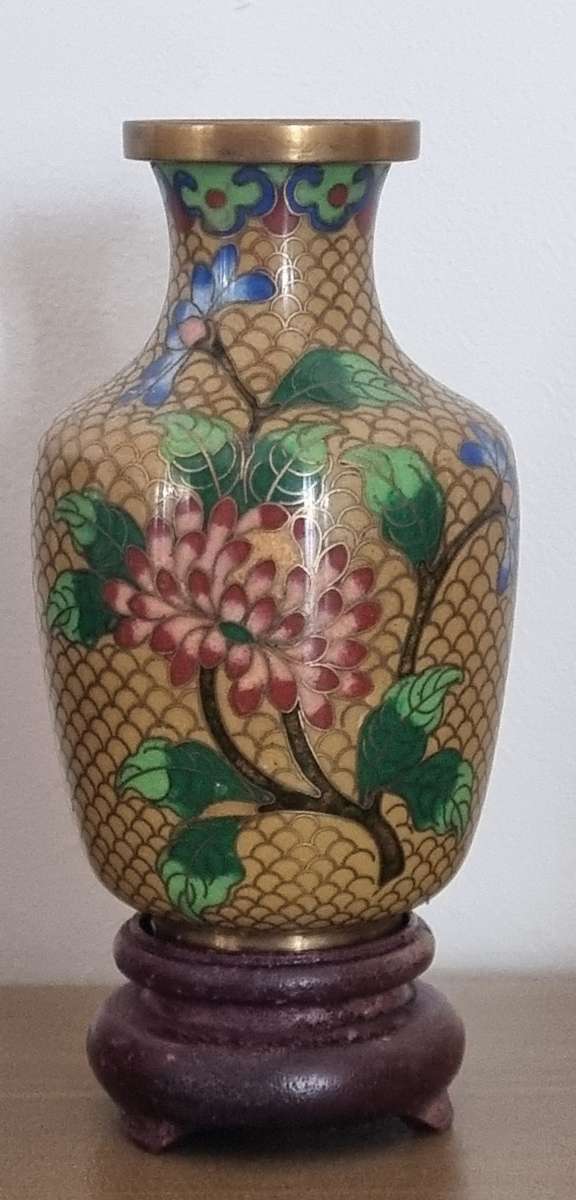 Cloisonne floral flower gold colour vase with wooden stand, stamped CHINA at the bottom.