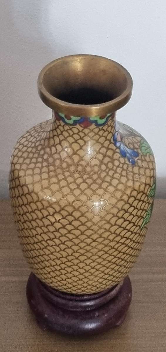 Cloisonne floral flower gold colour vase with wooden stand, stamped CHINA at the bottom.