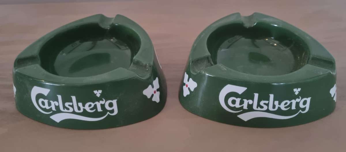 Pair of 1980's Carlsberg Beer Green Plastic Ashtrays (Made in Italy)