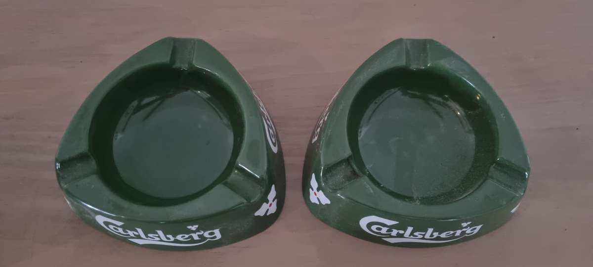 Pair of 1980's Carlsberg Beer Green Plastic Ashtrays (Made in Italy)