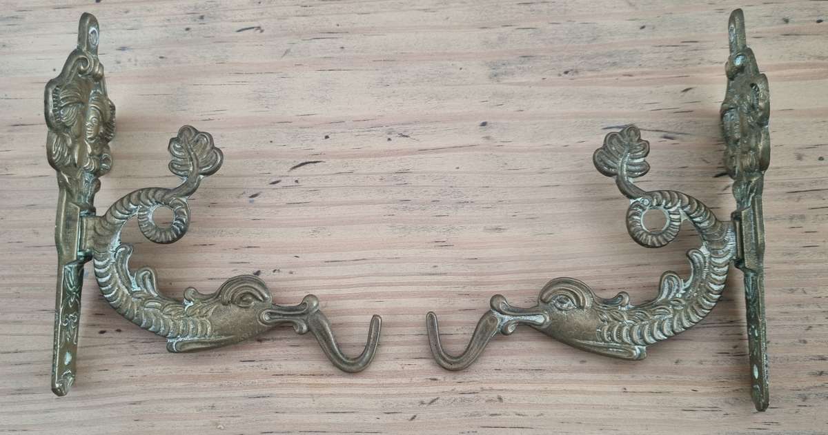 Pair of Unique Ornate Old Solid Brass Wall  Hook, Hangers or Handles