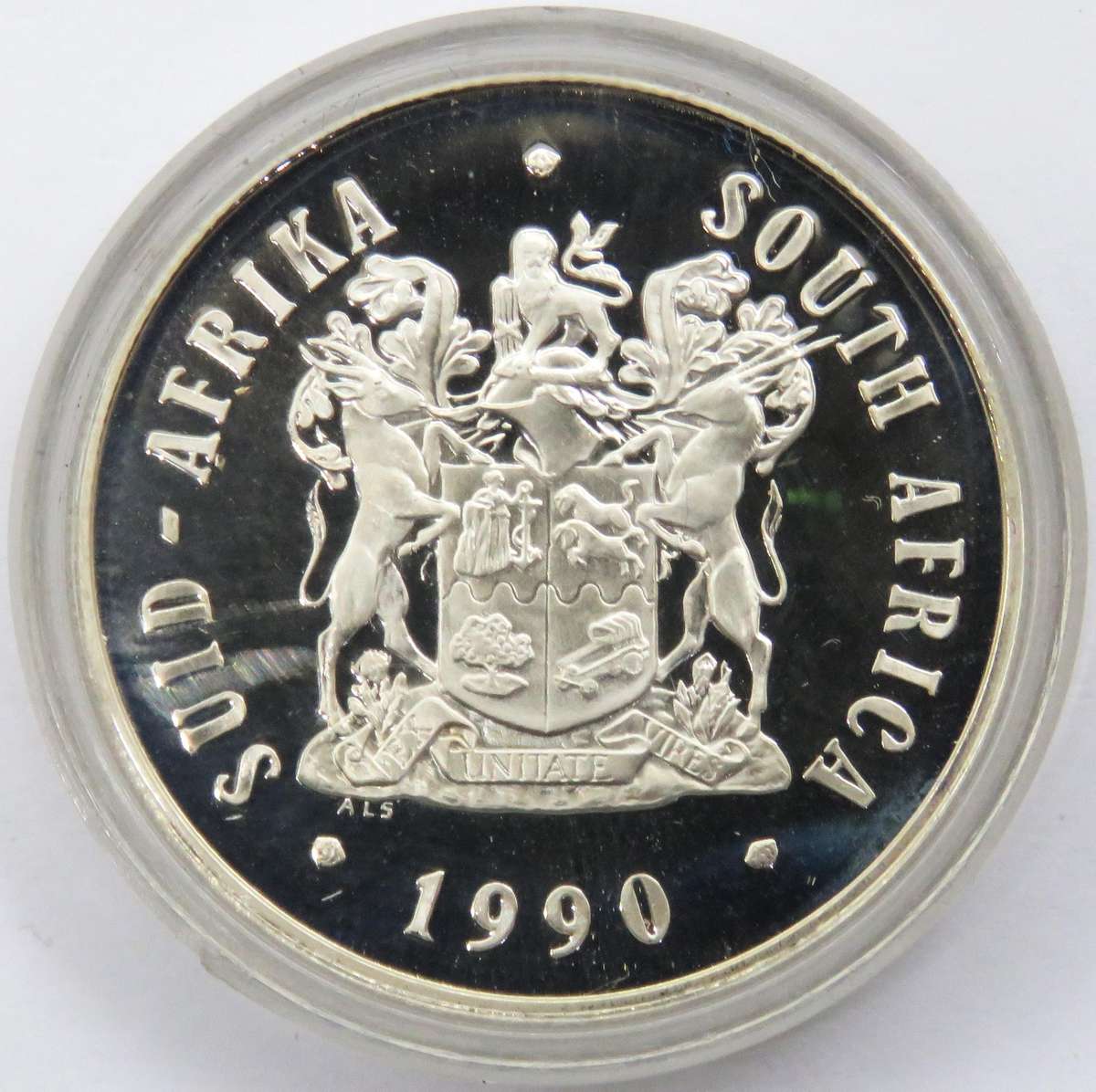1990 Republic of South Africa Silver Proof R1 encapsulated as issued and in SAM Box6 Available